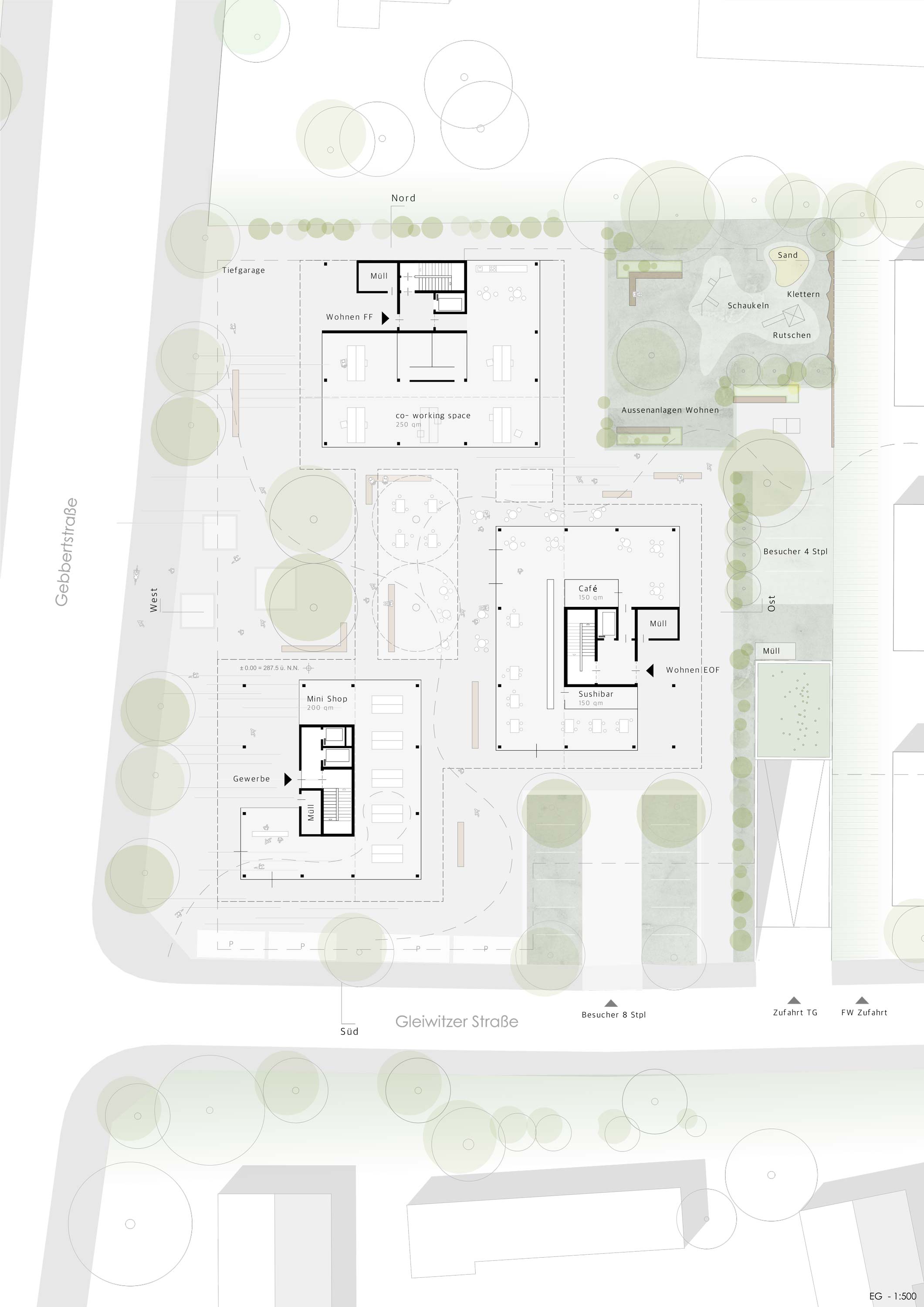 Der Grundriss mit Umgriff für den Entwurf in der Gebbertstr. Erlangen.