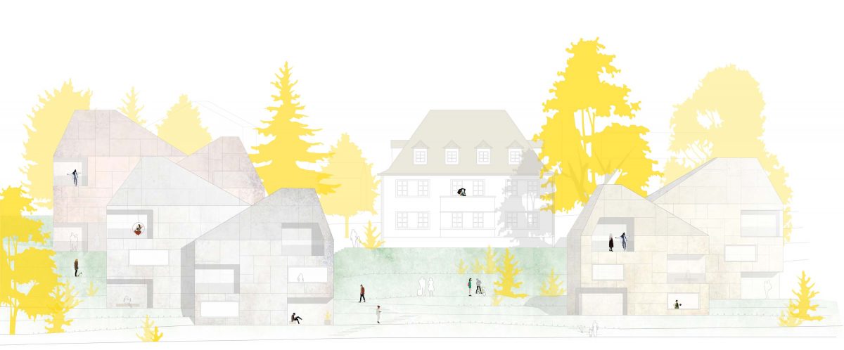 Die Südansicht der Mehrfamilienhäuser auf dem historischen Burgberg in Erlangen in der Rathsberger Strasse.