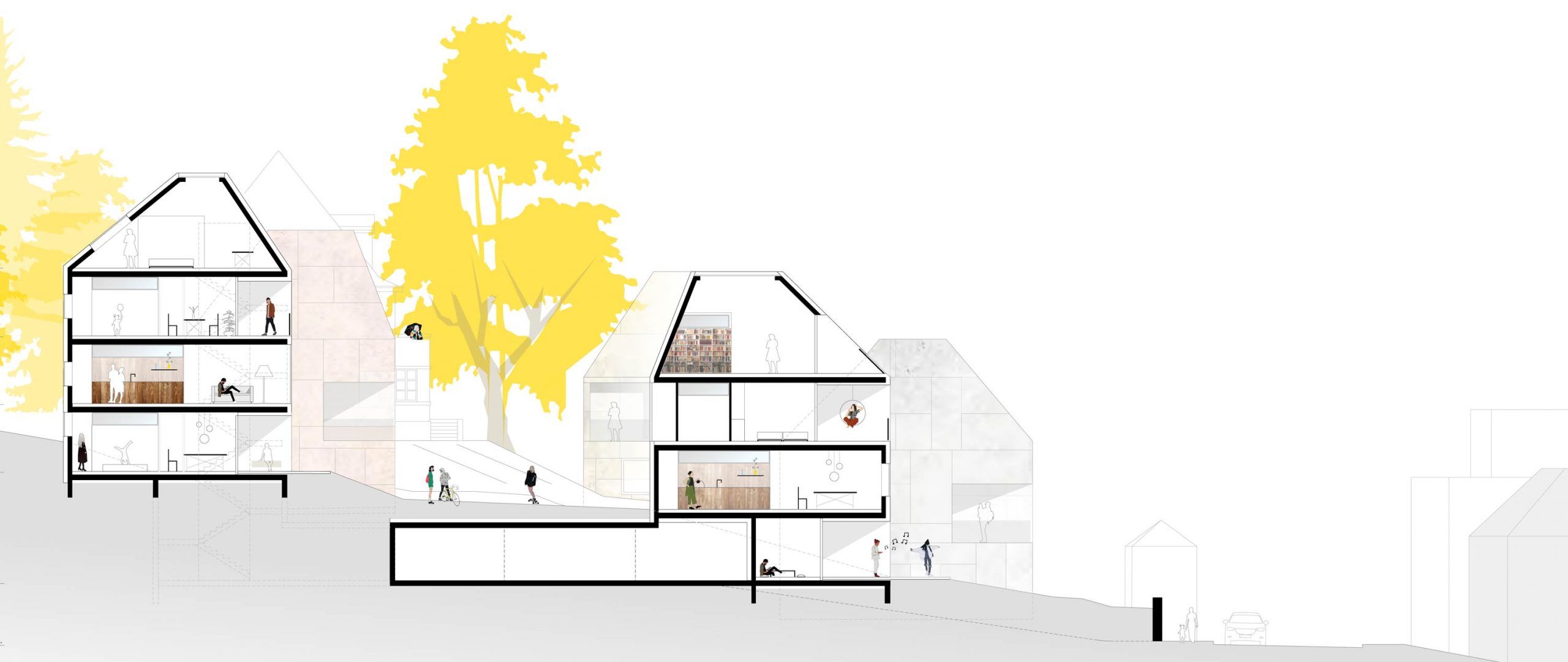 Schnitt durch die Wohngebäude auf der Hanglage des historischen Burgbergs in Erlangen in der Rathsberger Strasse.