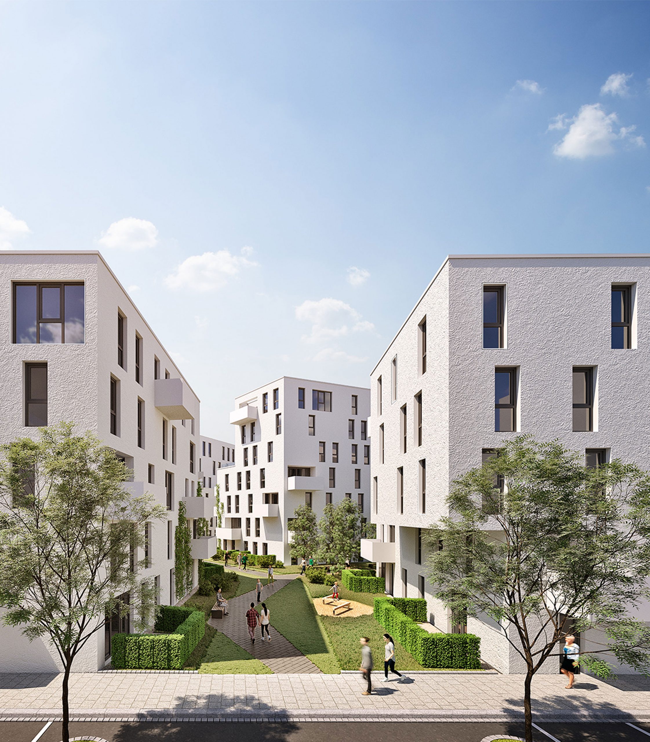 Die Perspektive aus der Nietzschestraße in das neue Wohnquartier 