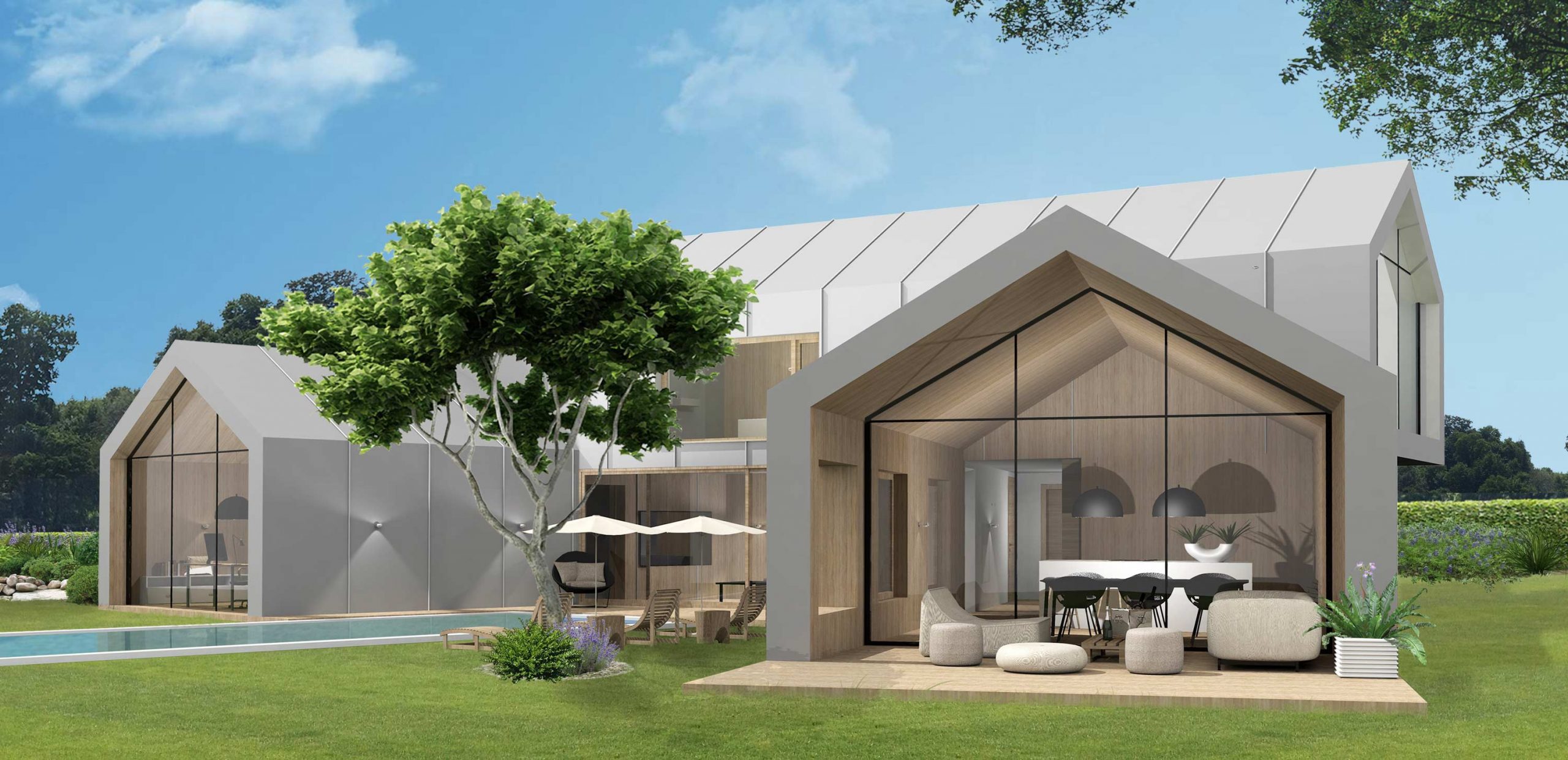 Perspektive aus dem Garten vor dem Einfamilienhaus 