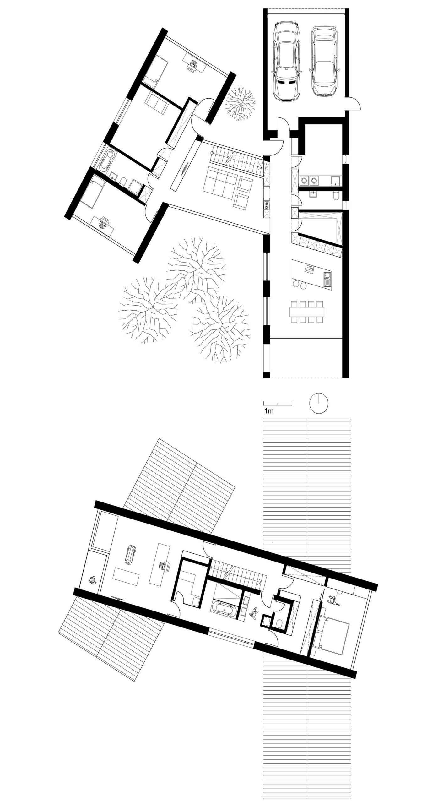 Die gestapelten Grundrisse des Erd- und Obergeschosses der riegelartigen Gebäudeteile vom Einfamilienhaus 