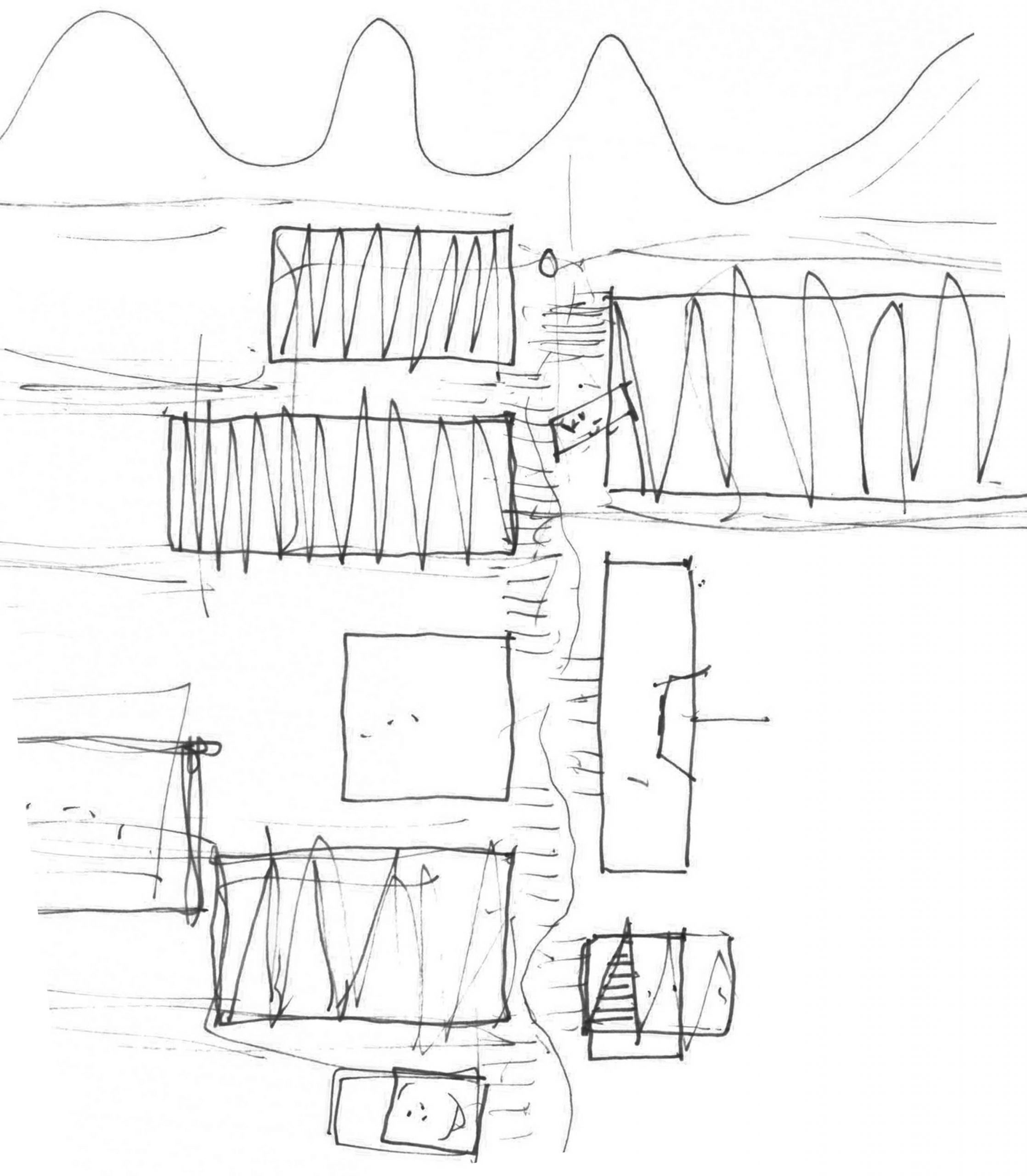 Händische Skizze vom Lageplan des Entwurfs für den Campus Handwerk in Halle.
