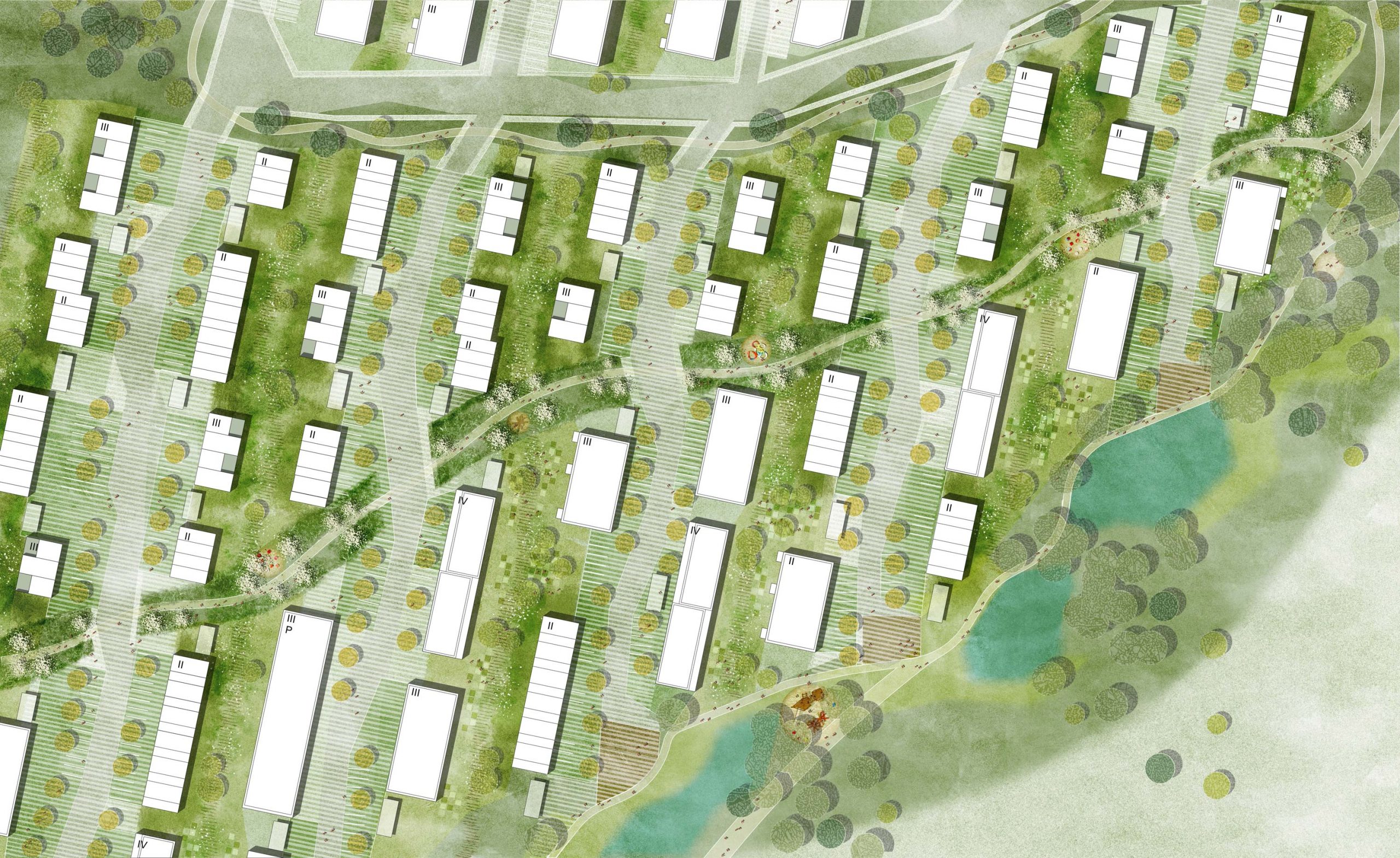 Der städtebauliche Entwurf der Bermüller+Niemeyer Architekturwerkstatt beim Wettbewerb BUC36 in Rangsdorf bei Berlin.