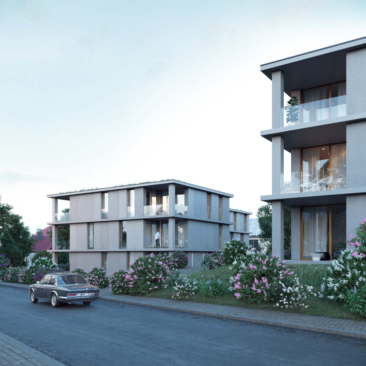 Perspektive von der Straße auf die Villen WNK.