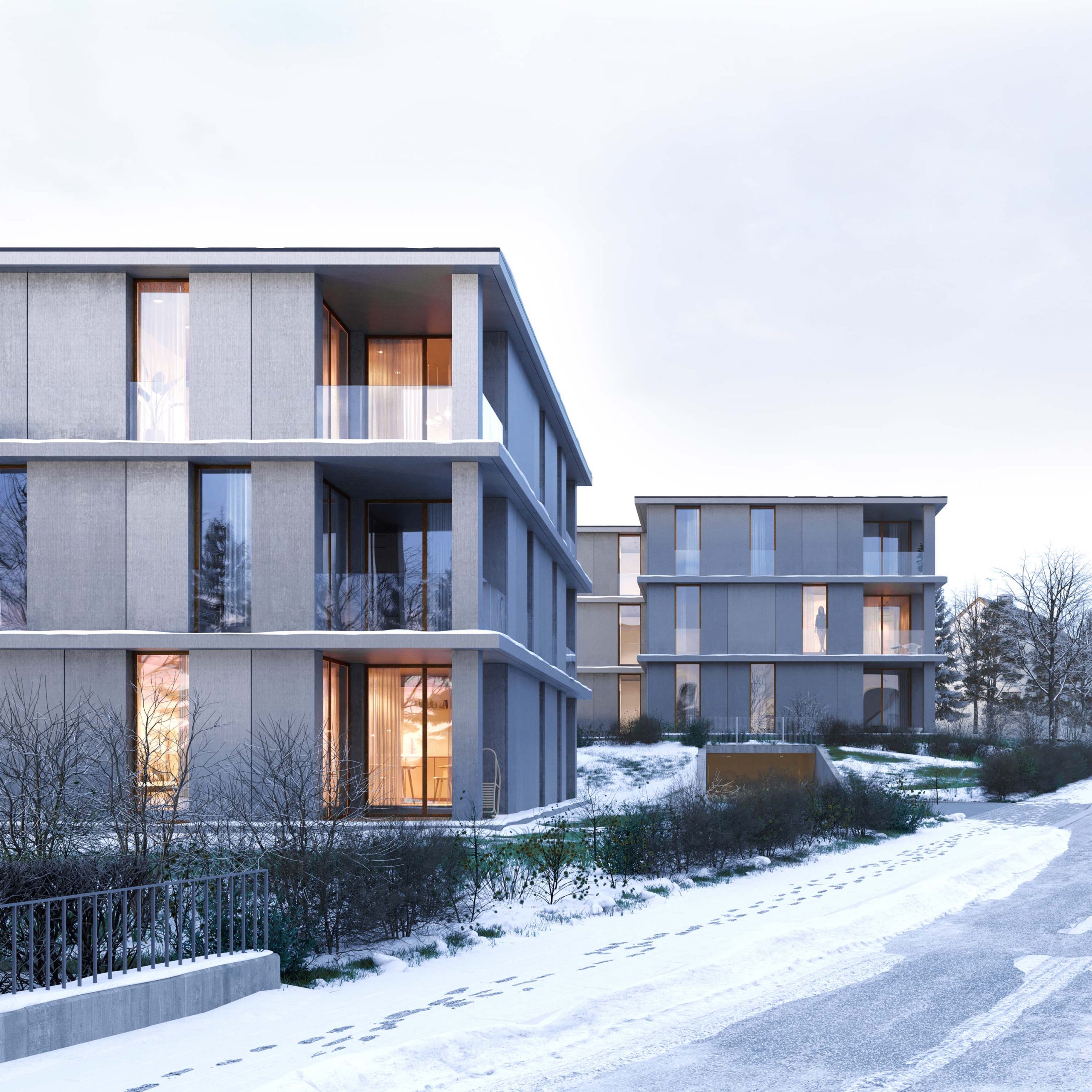 Perspektive von der Straße auf die Villen WNK.